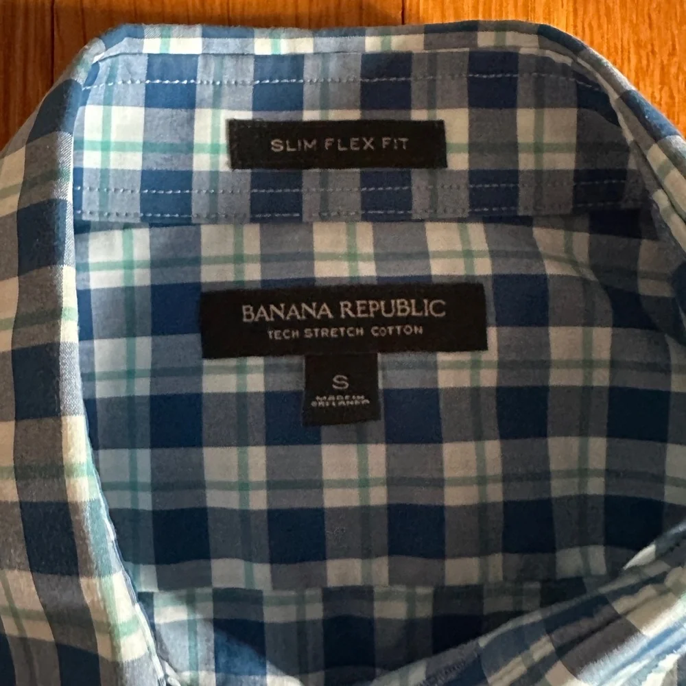 Banana Republic Slim Fit Blue Plaid Tech Stretch Cotton Button Down, Size S